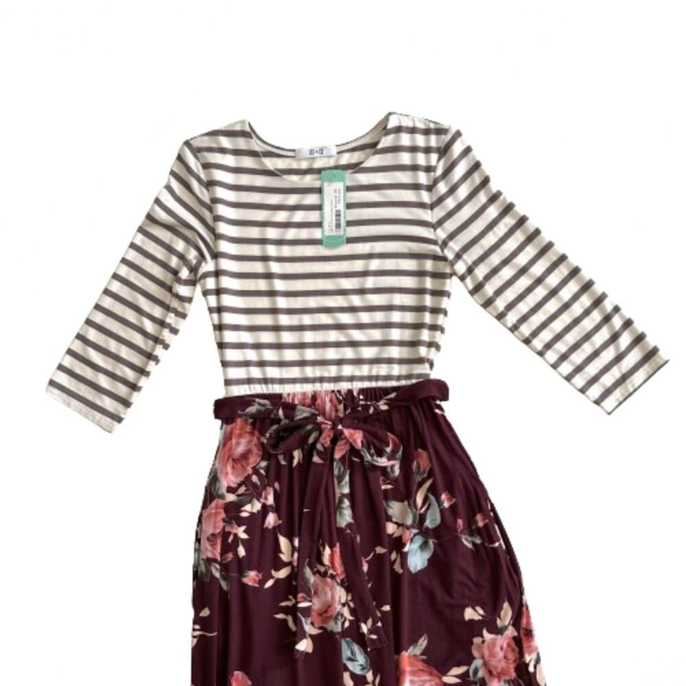 Lux & Co Bernice 2fer Knit Burgundy Tan Stripe Floral Pockets Maxi Dress XS NEW - Picture 9 of 13